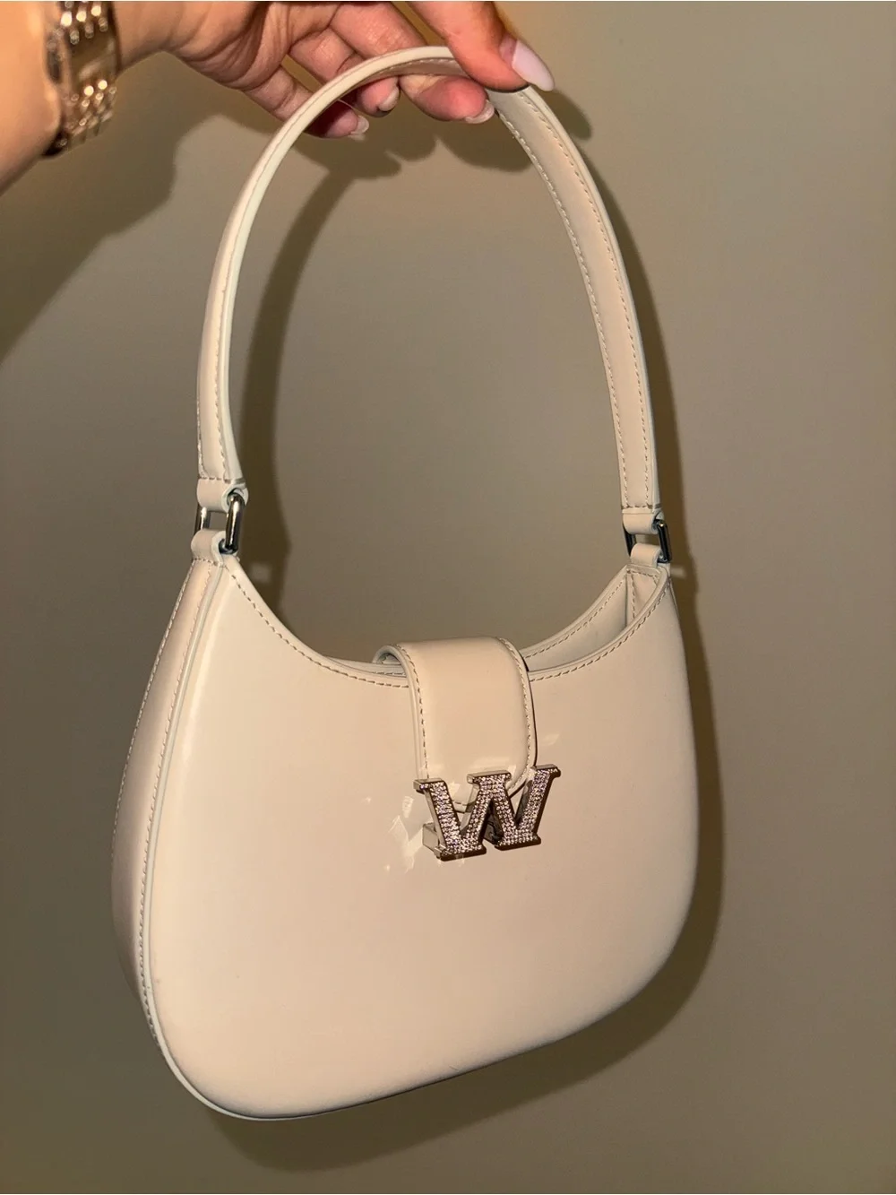 Alexander Wang Cream Patent Shoulder Bag with W Rhinestone Accent